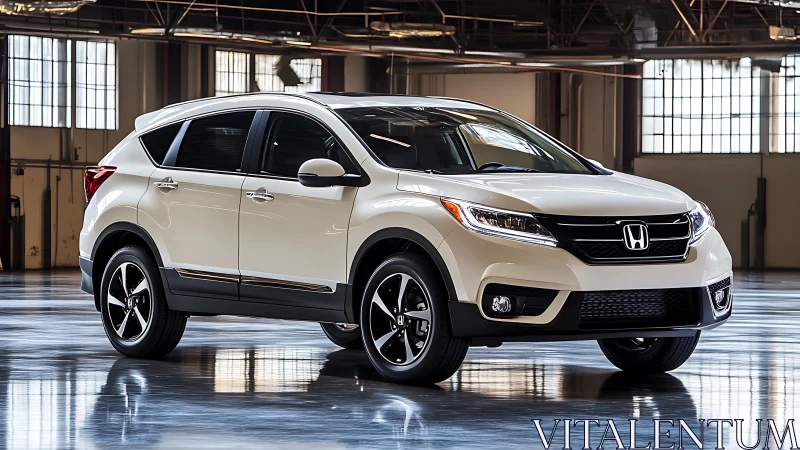 White Honda crossover SUV in industrial indoor setting.