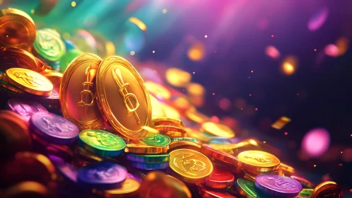 Vibrant Digital Gold Coins and Tokens in Colorful Fantasy Style.