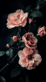 Pink Roses with Buds Against Dark Background. Floral Study.