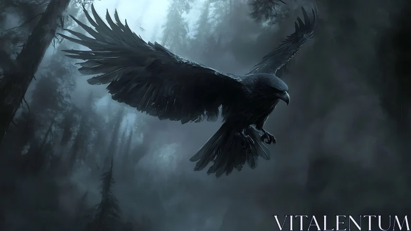 Dark feathered bird in flight over misty conifer forest.