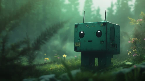 Small teal robot stands quietly in misty forest clearing