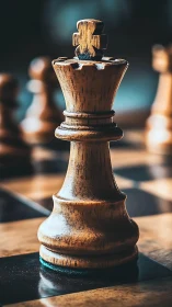 Polished wooden king chess piece rendered in photoreal detail