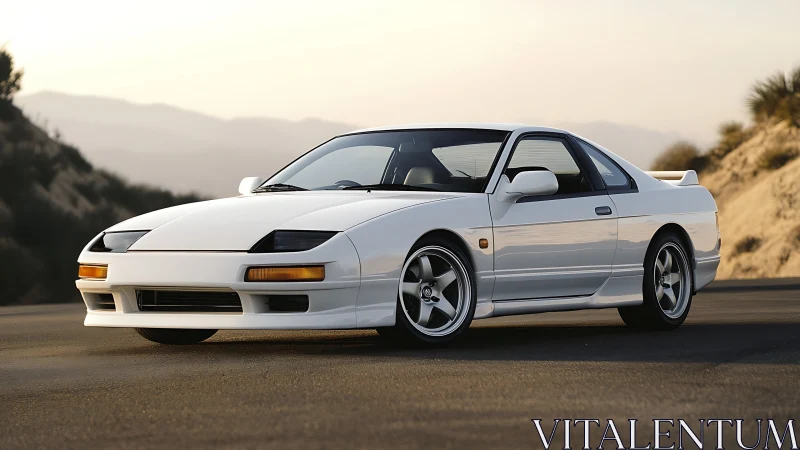 White 1990s sports coupe rendered in warm sunset roadscape