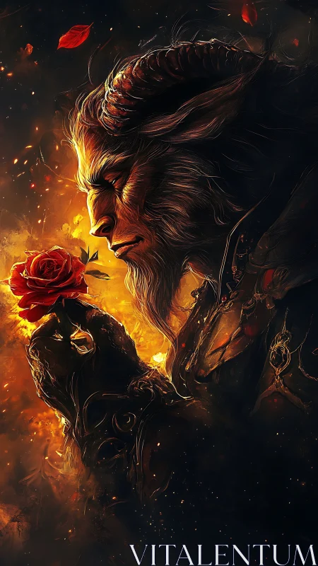 Horned beast profile studies red rose in high-contrast ember light