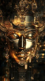 Golden cybernetic deity face with intricate mech temples.