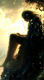 Solitary forest guardian rests quietly in glowing dawn light