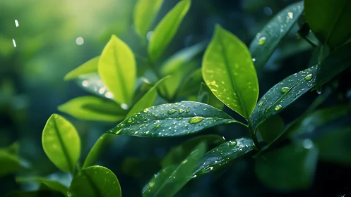 Macro study of rain-soaked foliage under soft directional backlight