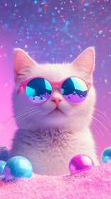 White Cat Wearing Pink Sunglasses in Neon Purple Environment