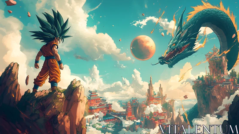 Aerial martial duel with celestial dragon over sky citadels.