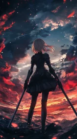 Solitary anime swordswoman confronts a burning storm sky