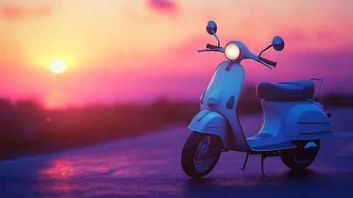 White retro scooter on coastal road at vivid sunset.