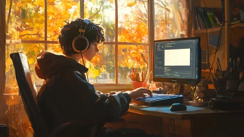 Autumn light frames a focused young coder at the desk.