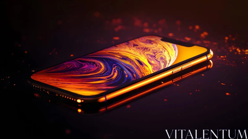Modern smartphone with vivid abstract display in glowing orange light.