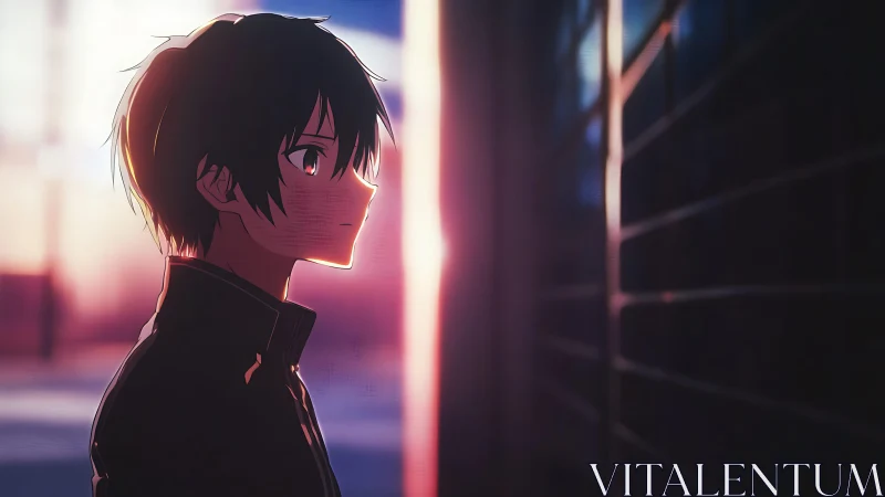 Solitary anime boy in sunset alley profile view scene.