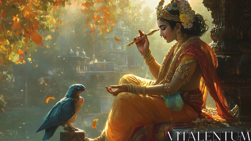 Divine figure with flute in sunlit temple garden beside bird