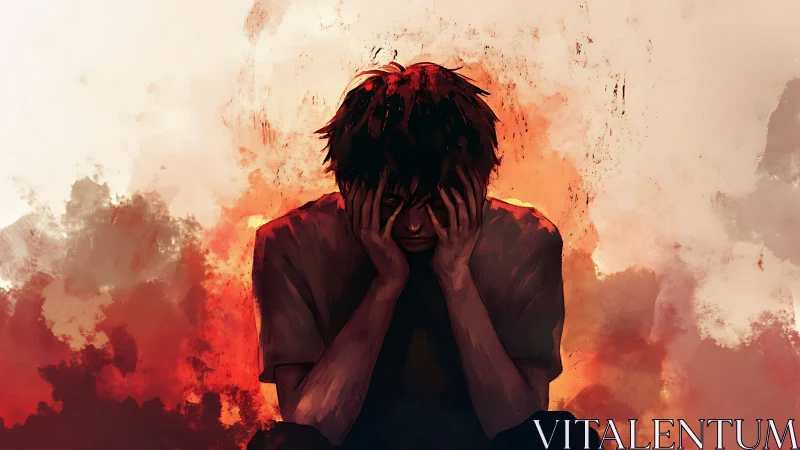 Distressed young man holding face amid fiery red clouds.