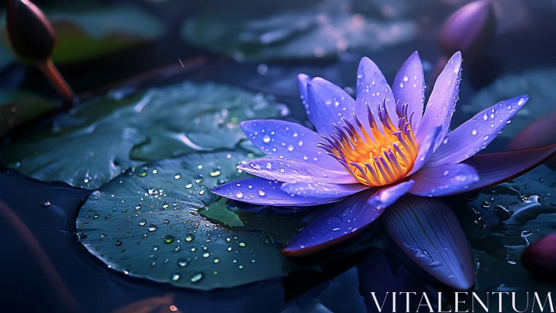 Photorealistic violet water lily macro on luminous pond surface.