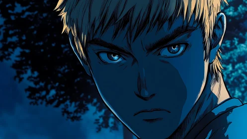 Intense blond anime warrior framed by deep night shadows