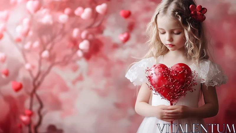 Young Girl with Red Heart-Shaped Gift in Pink Setting