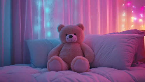 Cozy teddy bear glowing softly under dreamy neon lights.