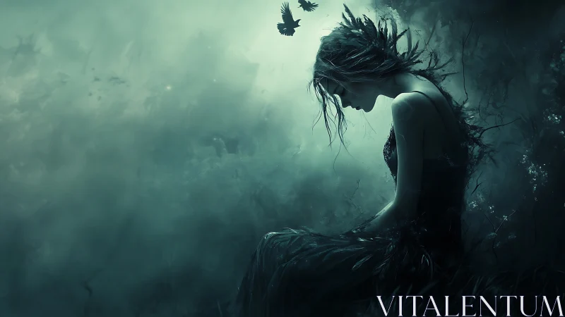 Solitary female figure sits in mist with birds in flight