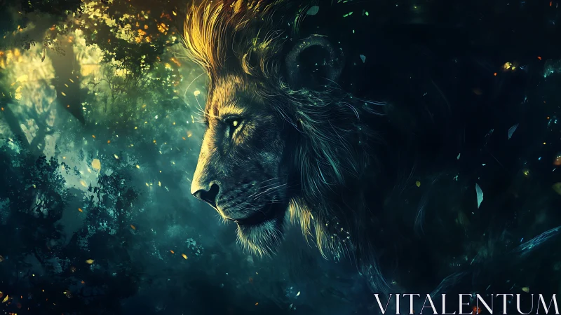 Moonlit lion drifts through emerald forest dreams