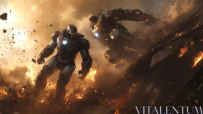 Armored exosuits advance through incendiary battlefield haze