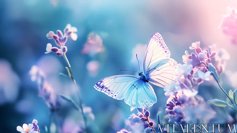 Blue butterfly on pastel wildflowers in soft focus field.