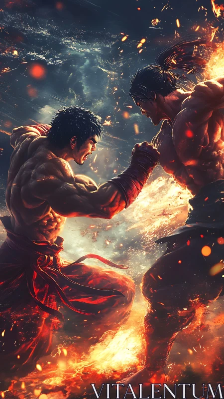 Two muscular fighters engage in close combat amid fire effects