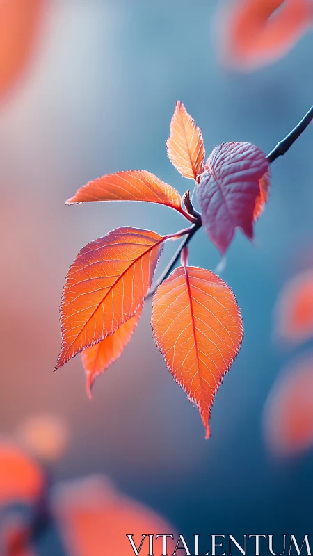 Orange plant leaves against soft blue defocused background.