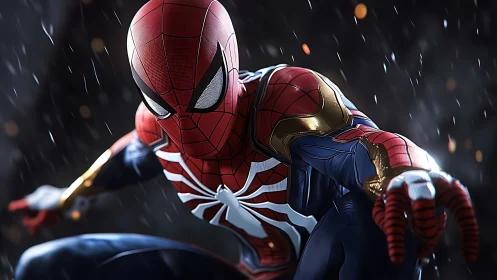 Spider-themed superhero crouches in rain with dynamic pose