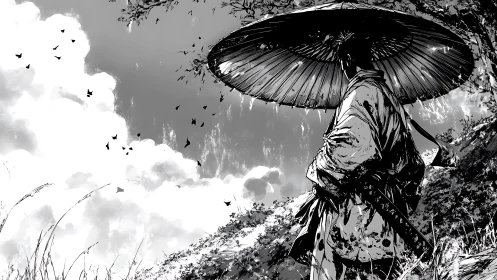 Lone storm-walker samurai under a sky of unraveling crows.