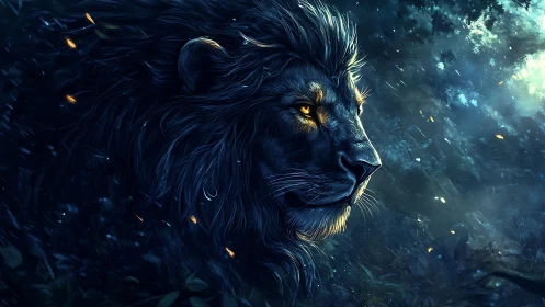 Side profile digital illustration of lion in blue forest.