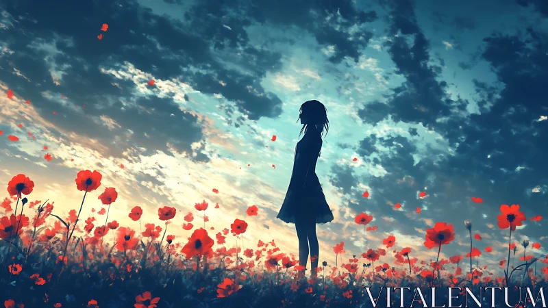 Girl in a glowing poppy field under a dreamy evening sky.