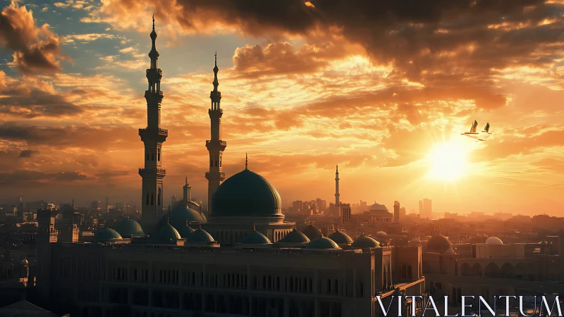 Golden hour skyline with mosque domes and soaring birds.