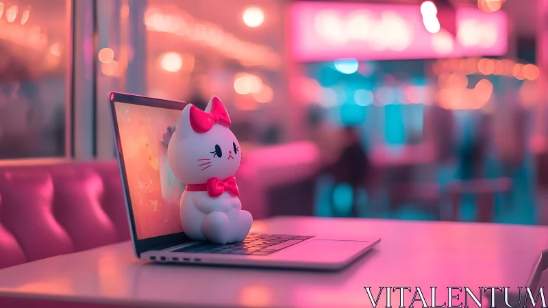 Cute cat figurine on laptop in neon pink cafe setting.