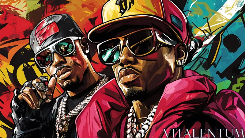 Bold hip-hop duo pose amid explosive urban graffiti energy.