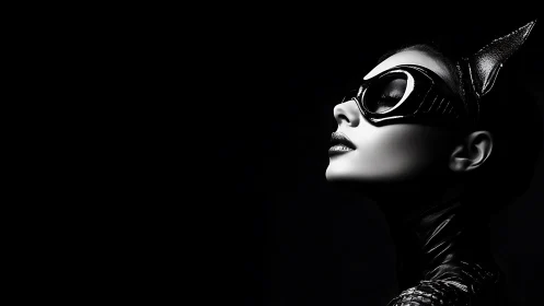 Specular noir portrait of masked feline-inspired vigilante profile.
