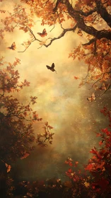 Golden autumn canopy with drifting butterflies at dusk.