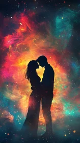 Two souls embrace as cosmic energies dance around them