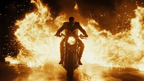Roaring motorcycle rider cuts a blazing path through fire