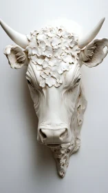 Photorealistic sculpted bull bust with floral relief detailing.