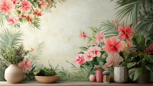 Botanical wall mural with potted plants and pink flowers.