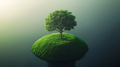 Solitary green tree on rounded grass island in misty void.