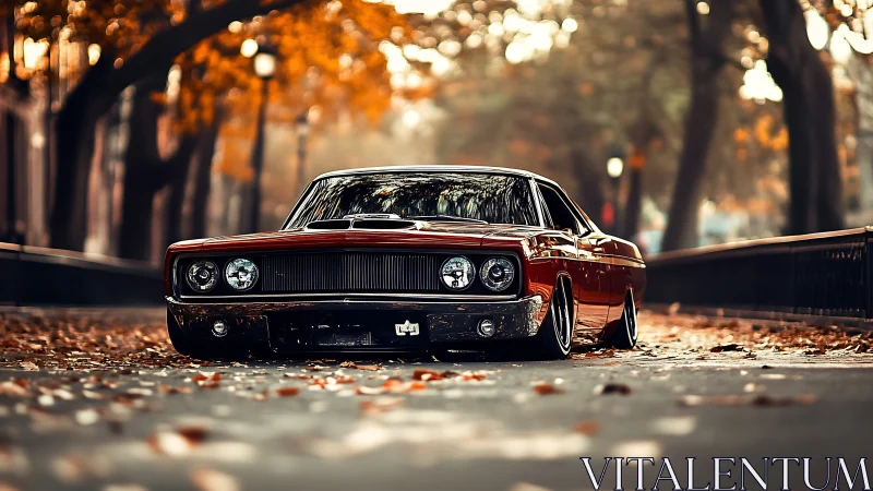 Low-slung classic muscle car glides through autumn avenue.