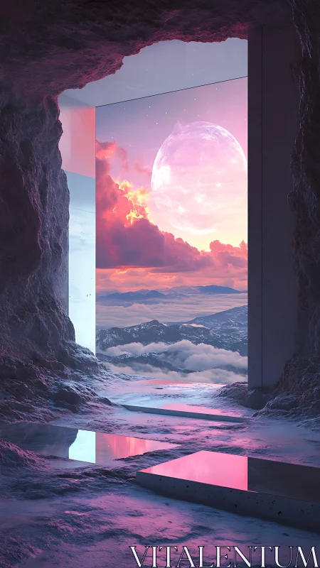 Cave portal frames luminous planet over stratified cloudscape