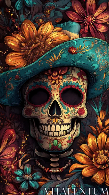 Colorful sugar skull surrounded by joyful blooming flowers.