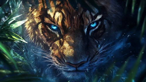 Bioluminescent-eyed tiger emerging through nocturnal foliage.