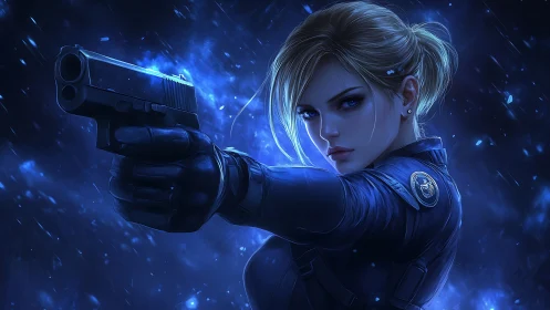 Midnight agent steadies her aim through electric blue storm