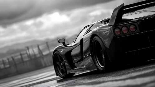 Rear-angled supercar study on wet racetrack in monochrome.